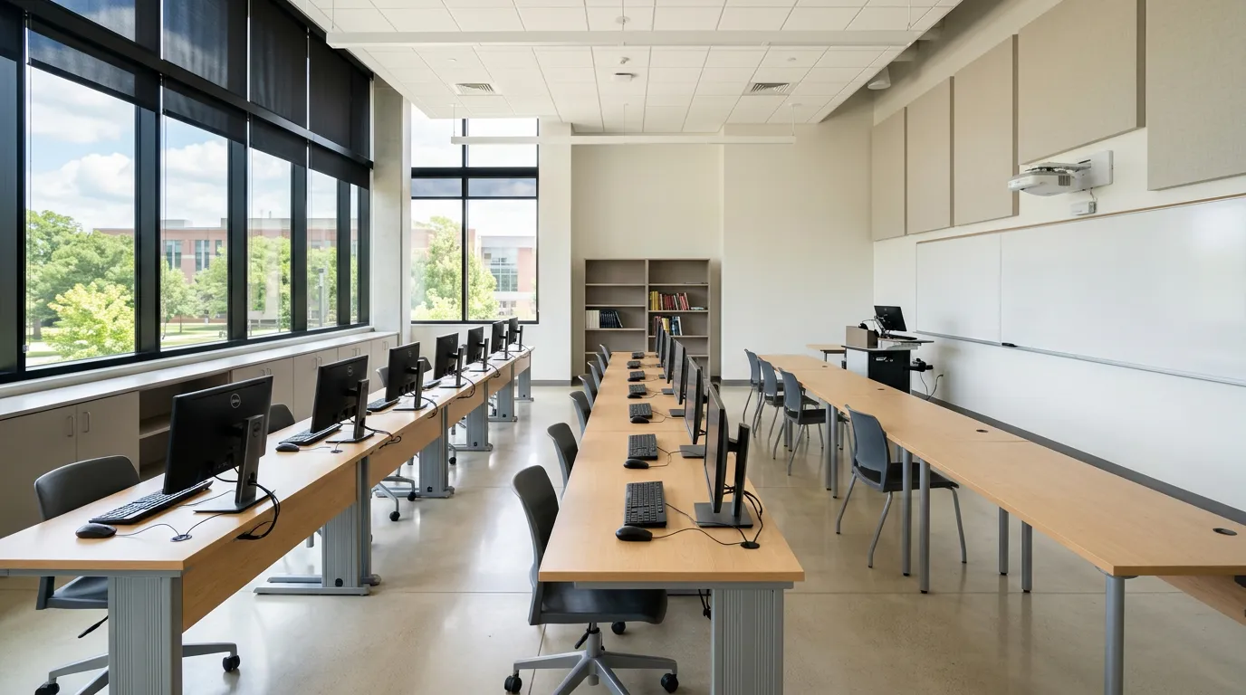 bright modern classroom with computers on desks, large windows with natural light, educational environment