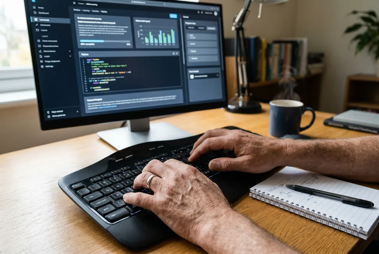 mature adult hands on computer keyboard with monitor showing interface, desk with notebook and pen, learning environment, photorealistic, professional, no people faces
