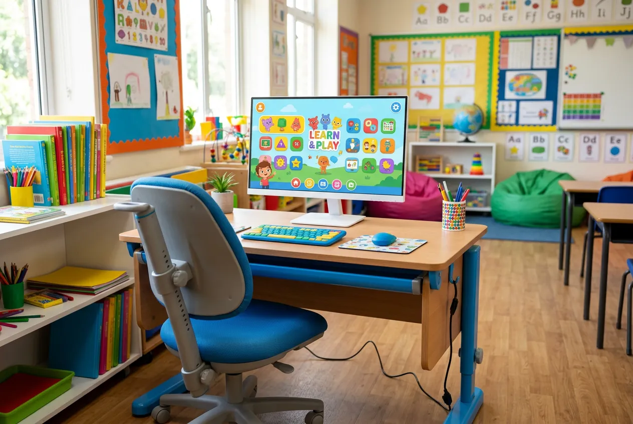 children's computer workstation with colorful educational software on monitor, ergonomic desk setup, bright classroom, no children visible