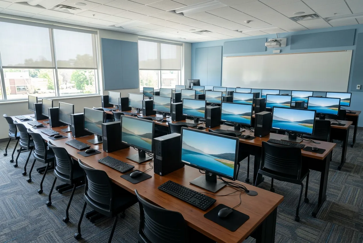 classroom with desktop computers arranged in rows, modern monitors and keyboards on desks, empty room, educational setting