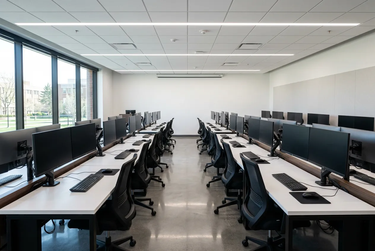 modern computer lab with multiple workstations, bright LED lighting, clean educational environment, empty classroom