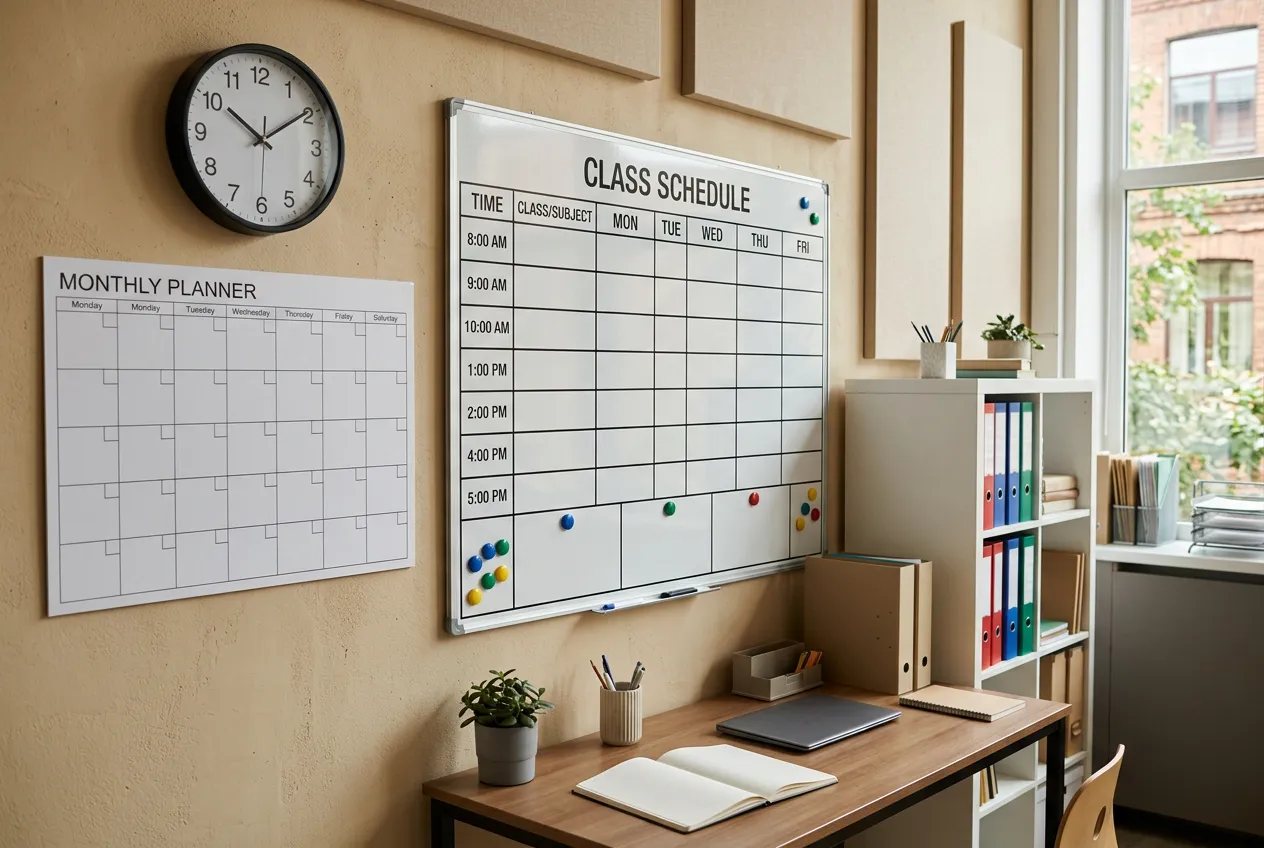 wall calendar and clock in educational center, scheduling board with class times displayed, neat organized workspace